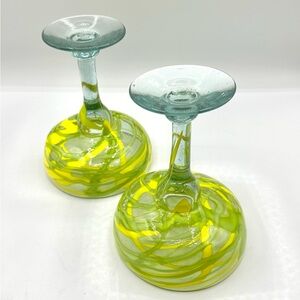 2 Chartreuse (Yellow & Green) Swirled Blown Margarita Glasses
